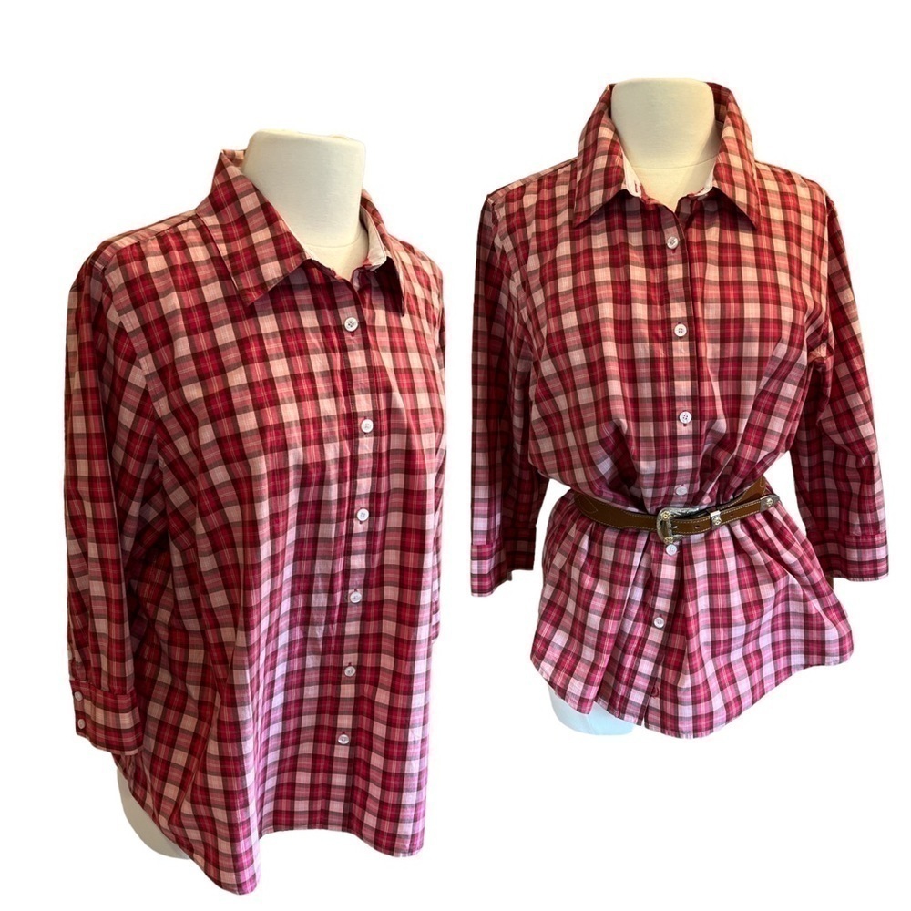 IZOD Women’s Red Coral Brown Plaid Button Down 3/4 Sleeves Boxy Oversize Fit 2X